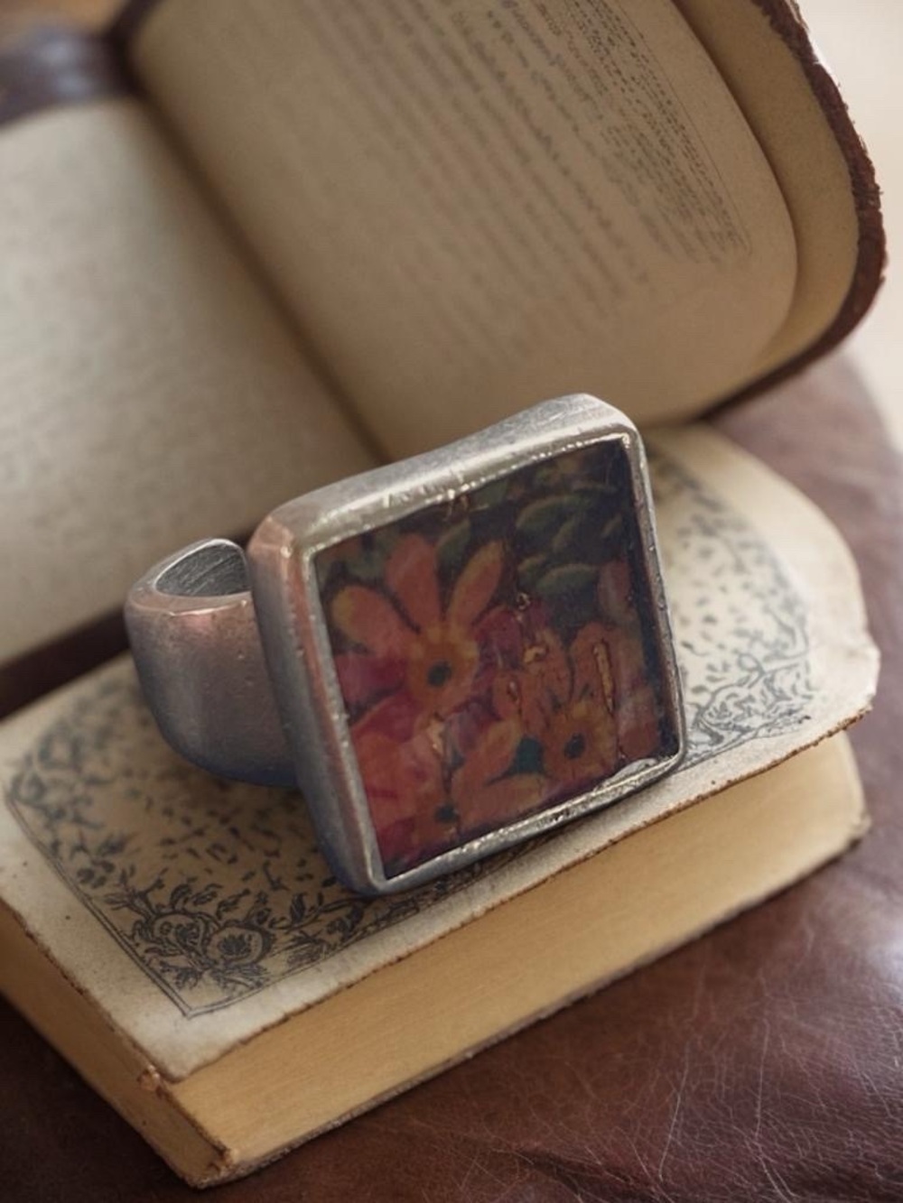 Handmade Square hand painted Floral Resin Ring size 7